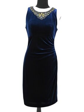 Eliza J Blue Velvet Beaded Neckline Ruched Sheath Dress Wedding Guest Holiday